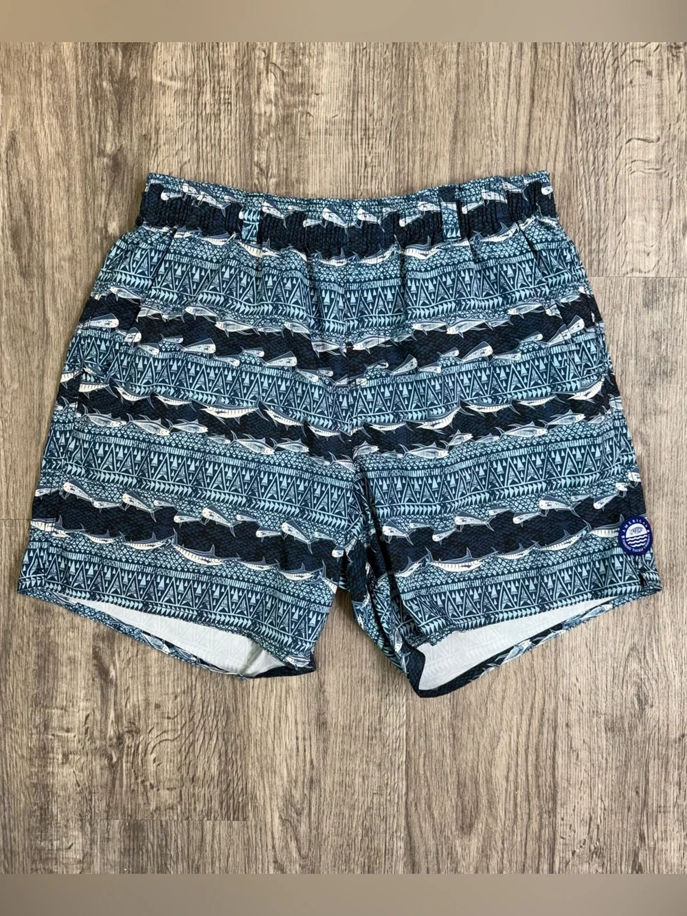 AFTCO Men’s Blue Fish Pattern Swim Trunks Shorts Quick Dry Elastic Waist Size M